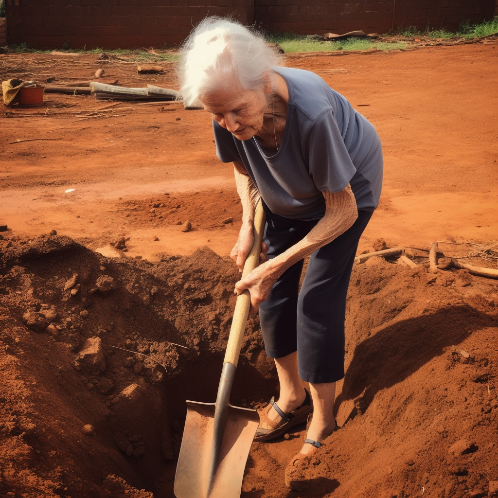 Old woman digging her own grave.