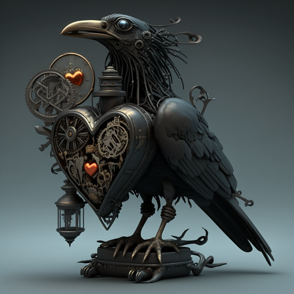 Black crow with a mechanical heart.