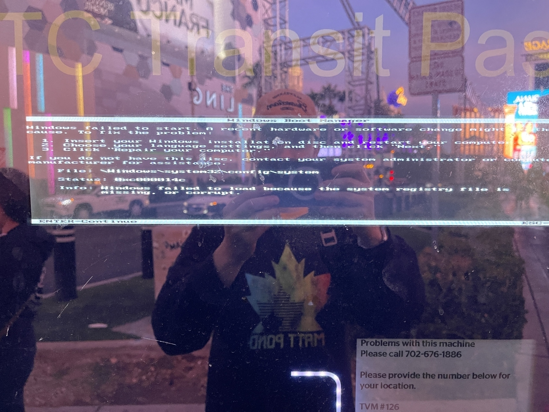 A windows boot error screen on a ticketing kiosk