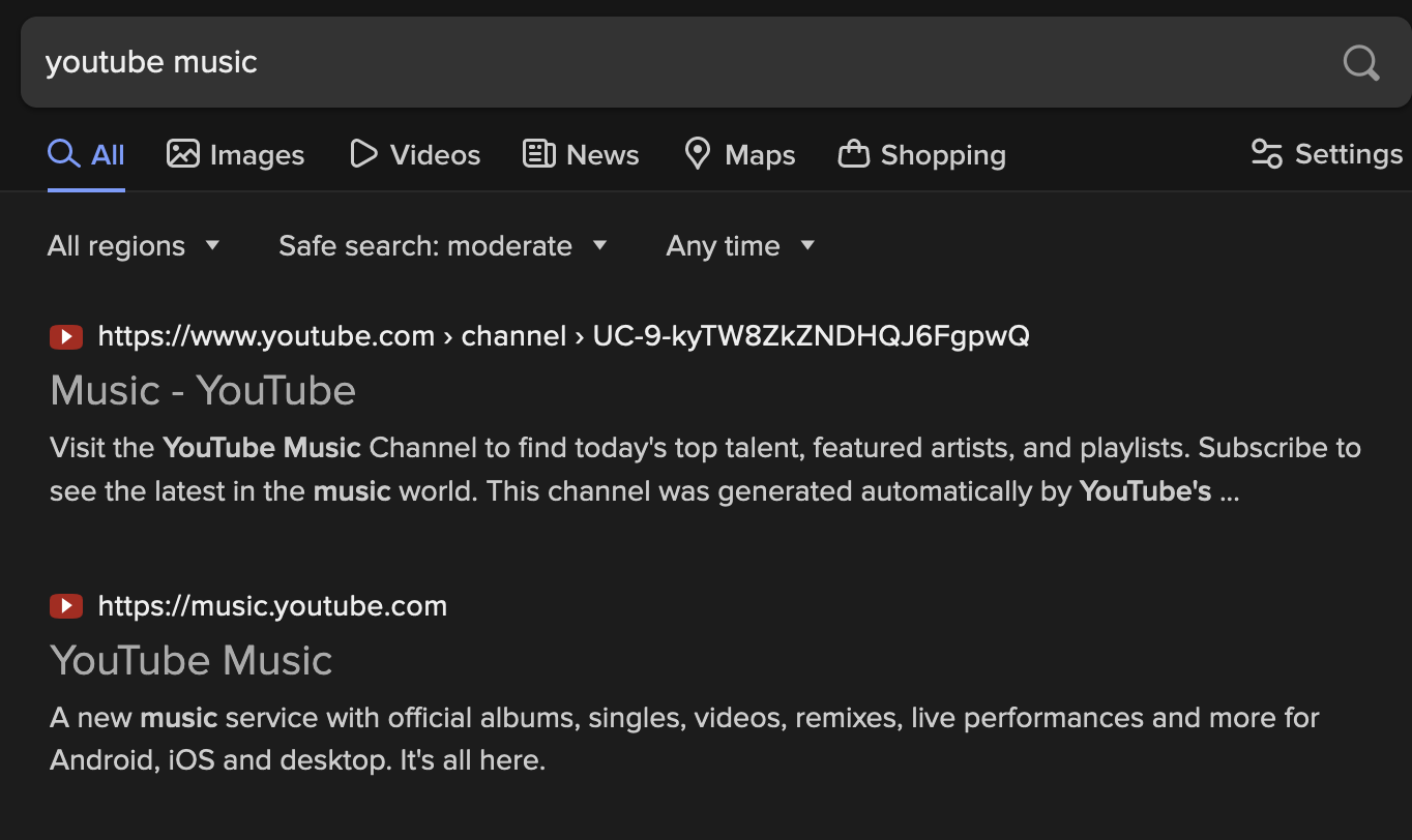 A screen shot of a search field for YouTube Music, showing the music section of the main YouTube app, ie YouTube - Music, and the YouTube Music streaming service