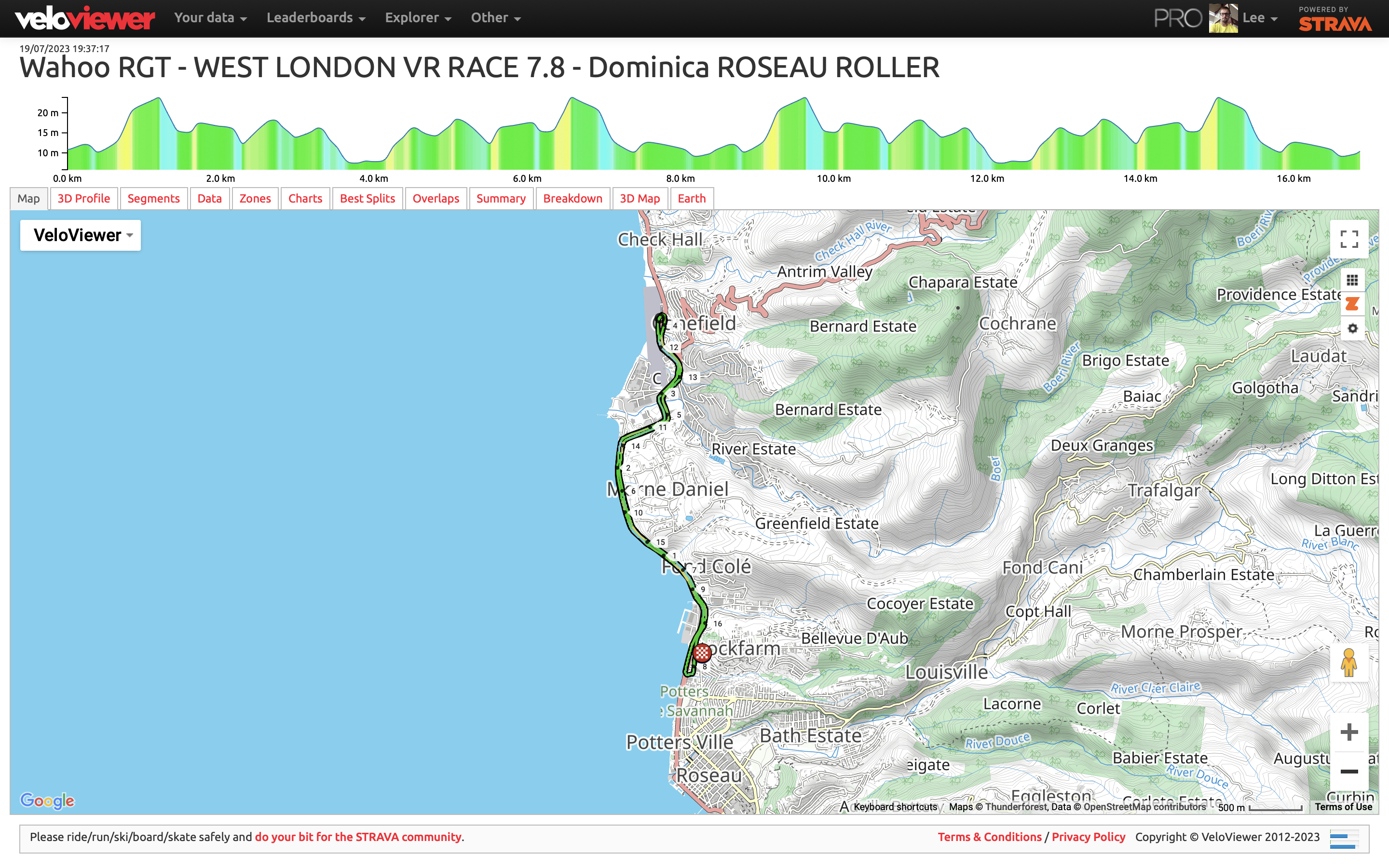 Map of RGT ride Dominicia Roseau Roller