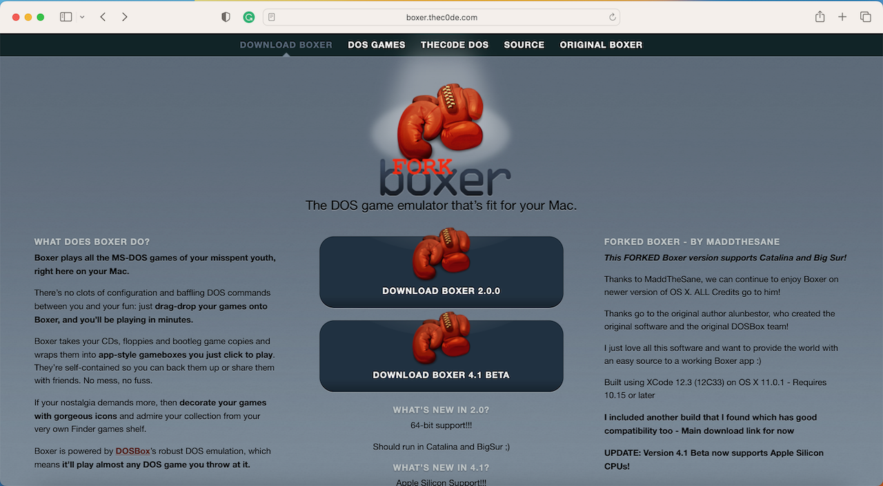 Image of website for the forked boxer application - 64 bit and M1/2 chip compatible
