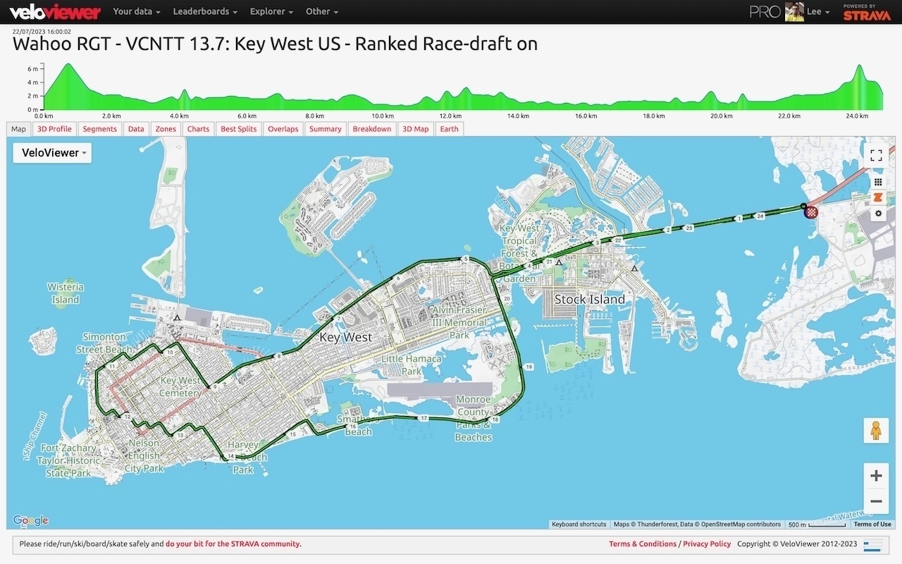 Veloviewer route profile of Key West route on RGT