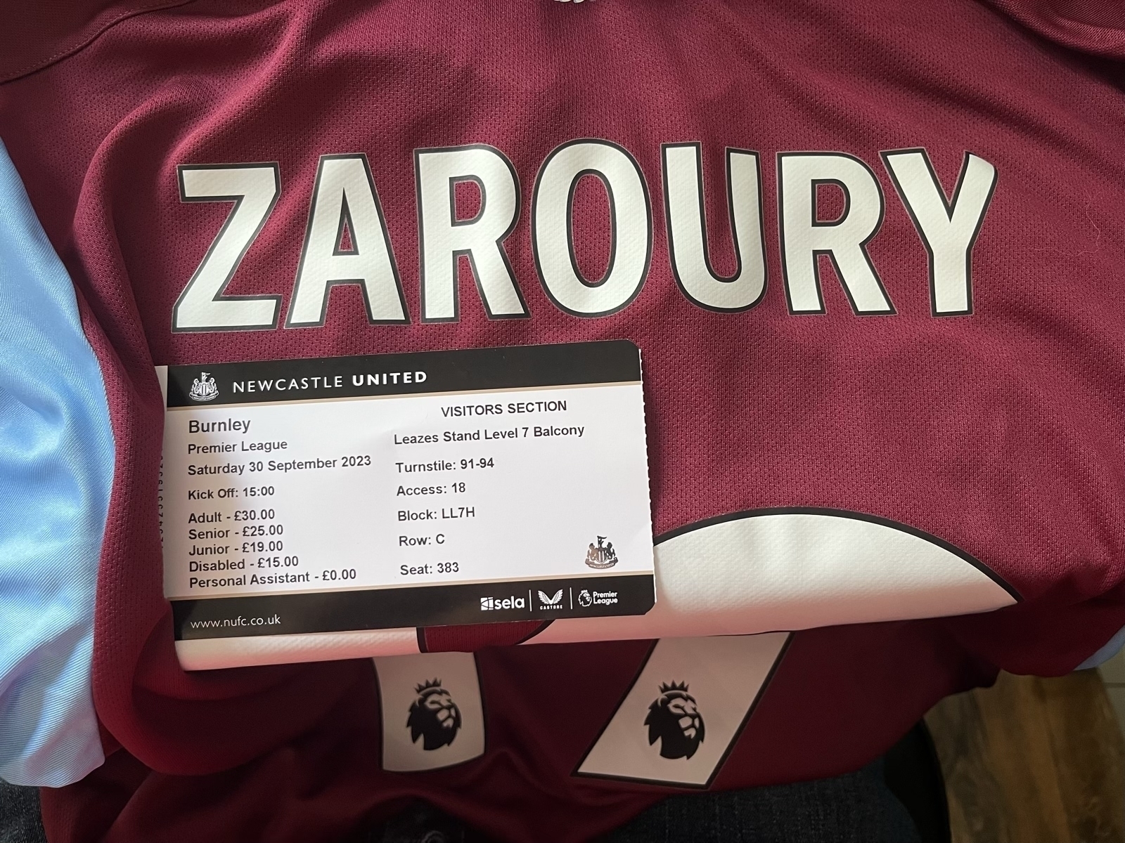 Burnley football shirt and match ticket for Newcastle game