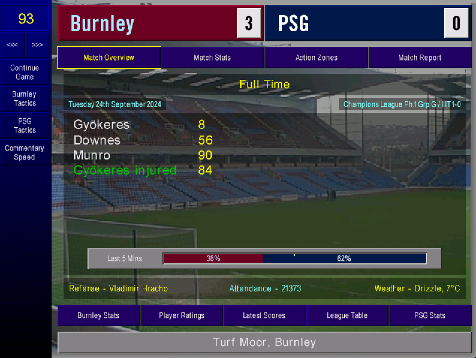 Gyokeres scoring for Burnley against PSG in Champions League - CM0102 gameplay