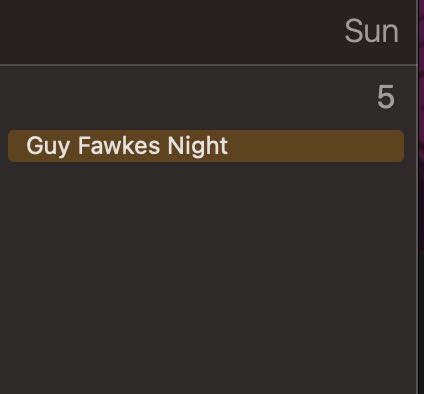Screenshot of calendar designating the 5th of November as Guy Fawkes Night. 