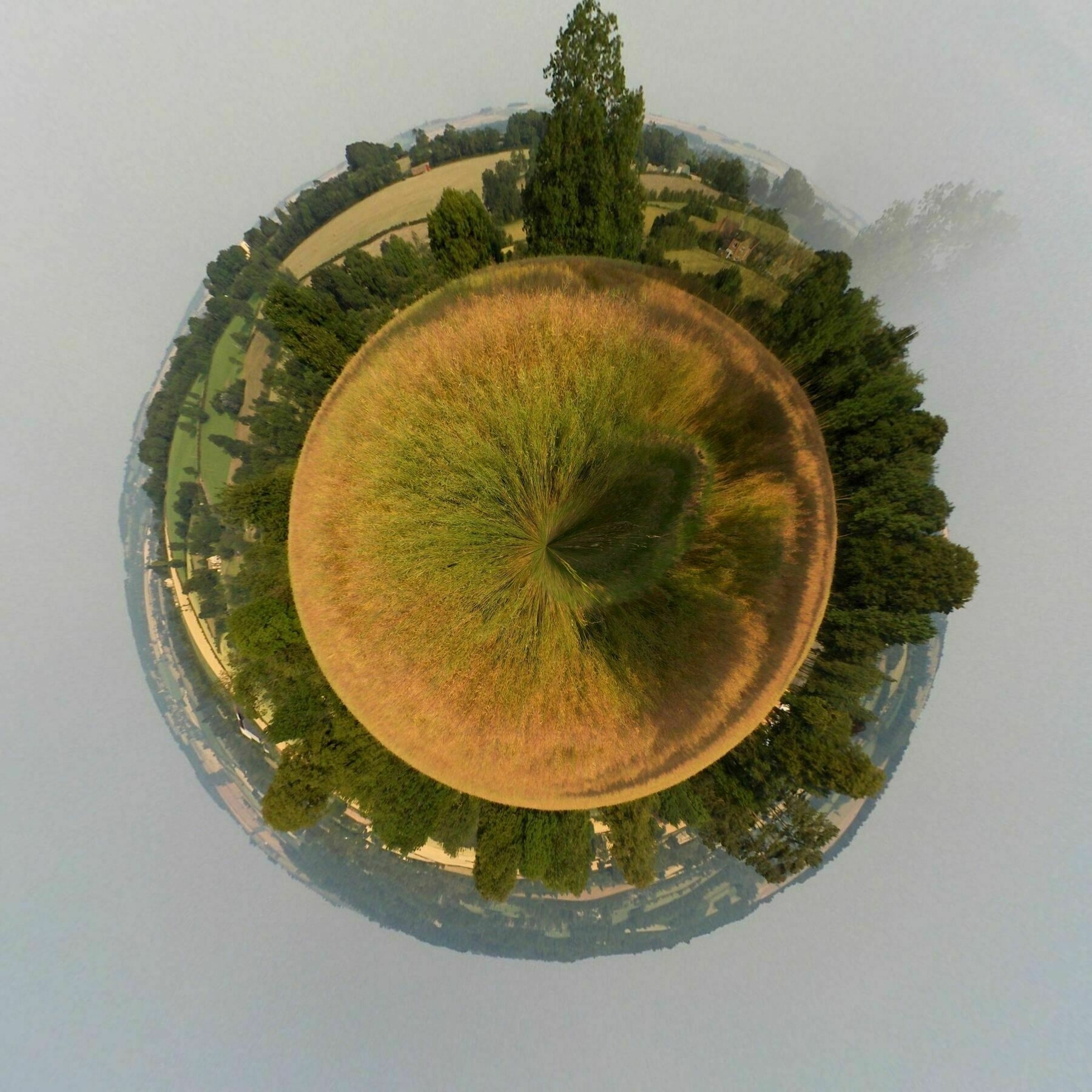 A panoramic view of fields and trees distorted into a globe
