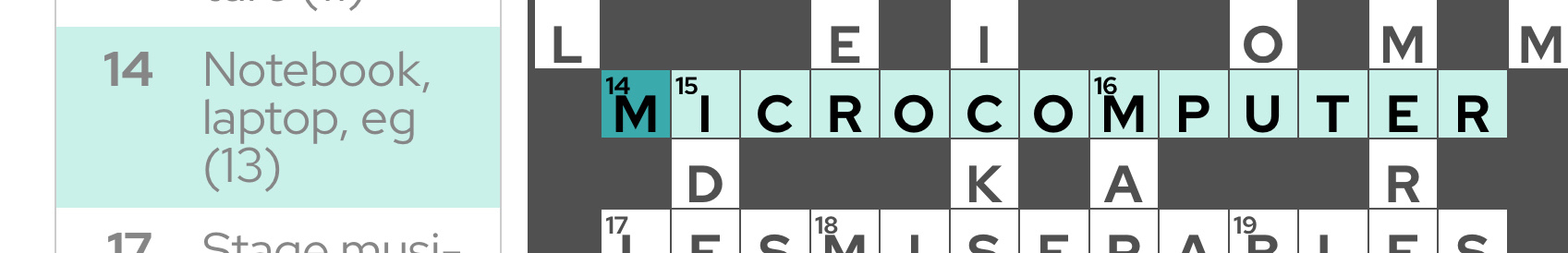 A crossword puzzle grid showing the clue ‘Notebook, laptop eg’ and the solution Microcomputer.&10;