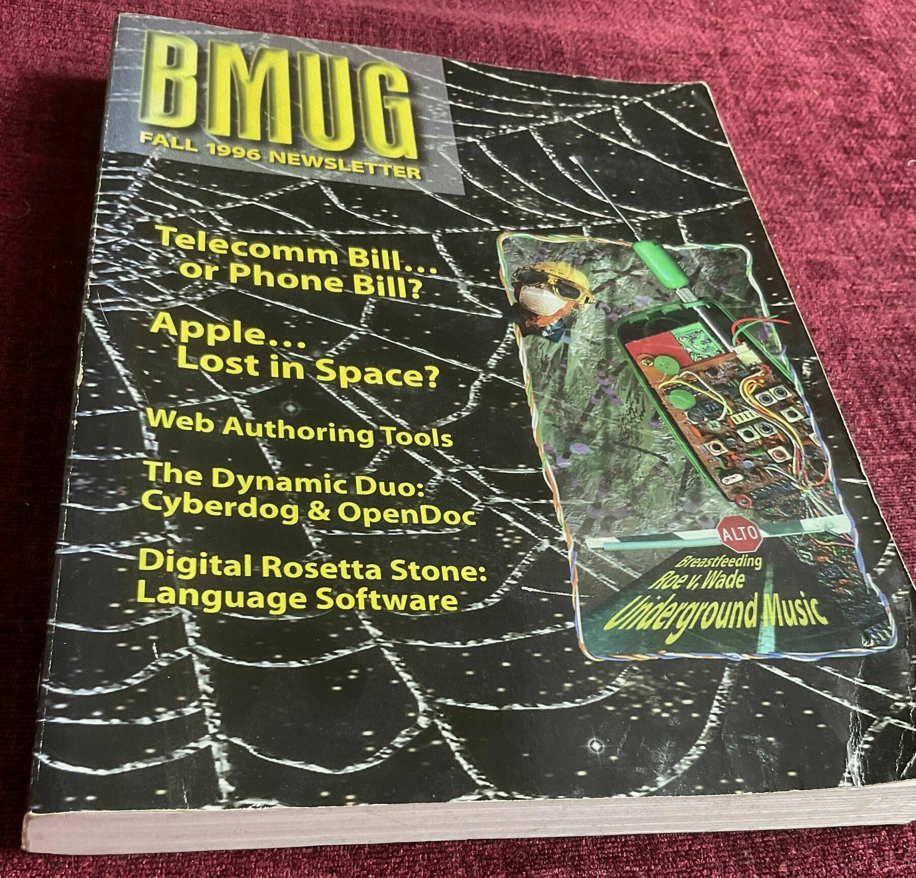 The front cover of the BMUG Fall 1996 newsletter anthology. Yellow text list 5 article titles over a section of a spiders web on a black background.