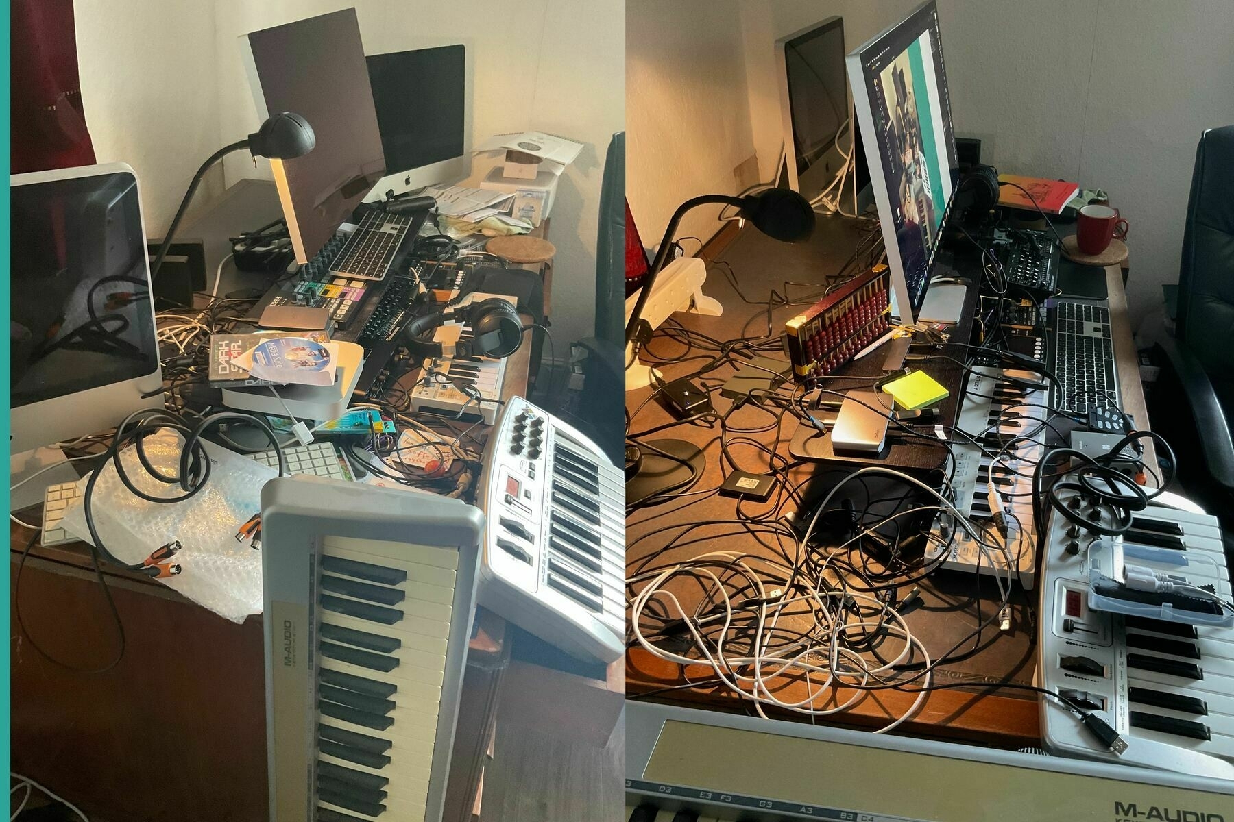 Two views of a desk containing computers and musical keyboards and all the associated wires and gubbins. The view on the left is before the desk was tidied and the one on the right is after being tidied - although there is little difference. 