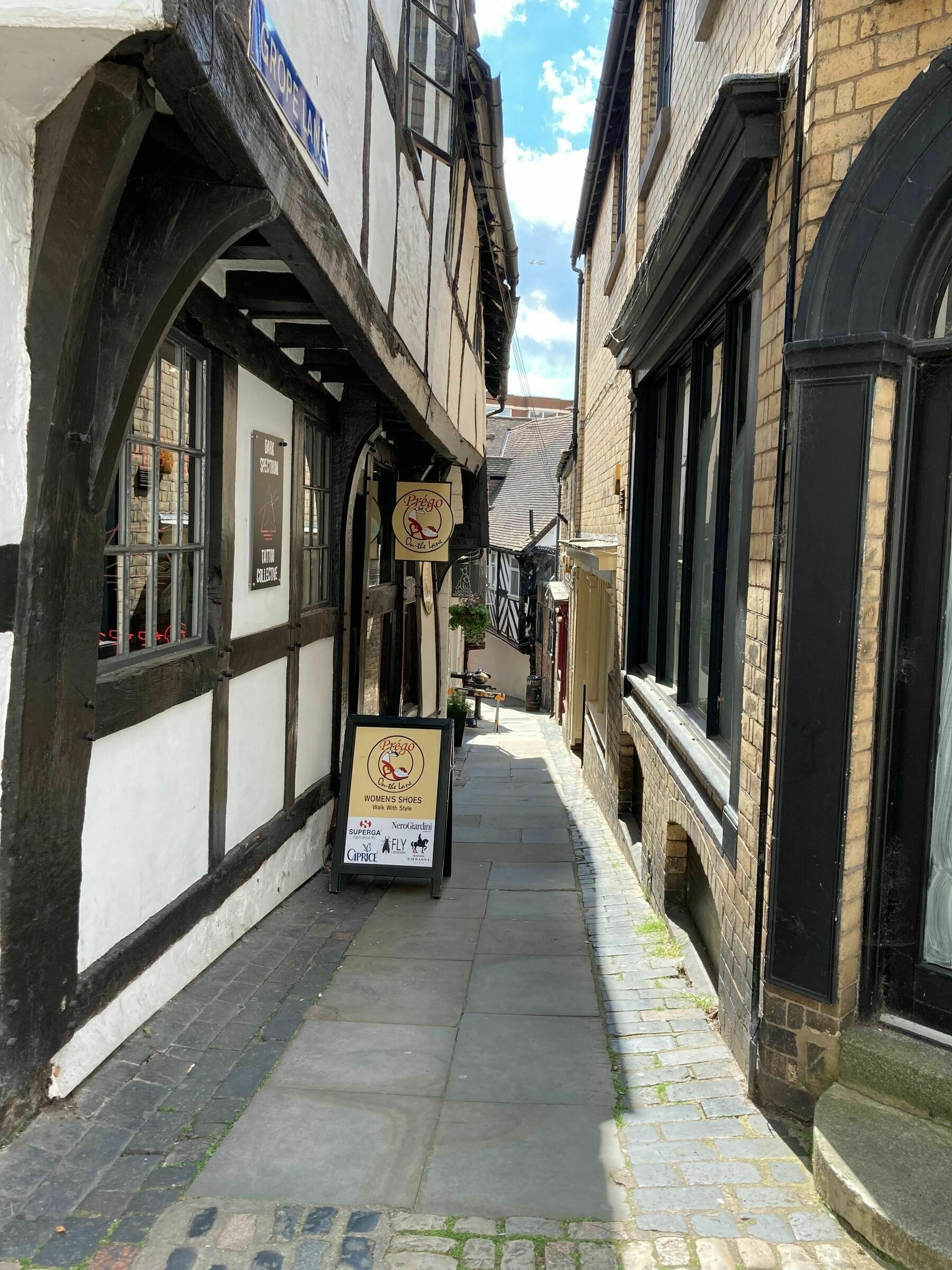 A view along the narrow alleyway known as Grope Lane in Shrewsbury UK.