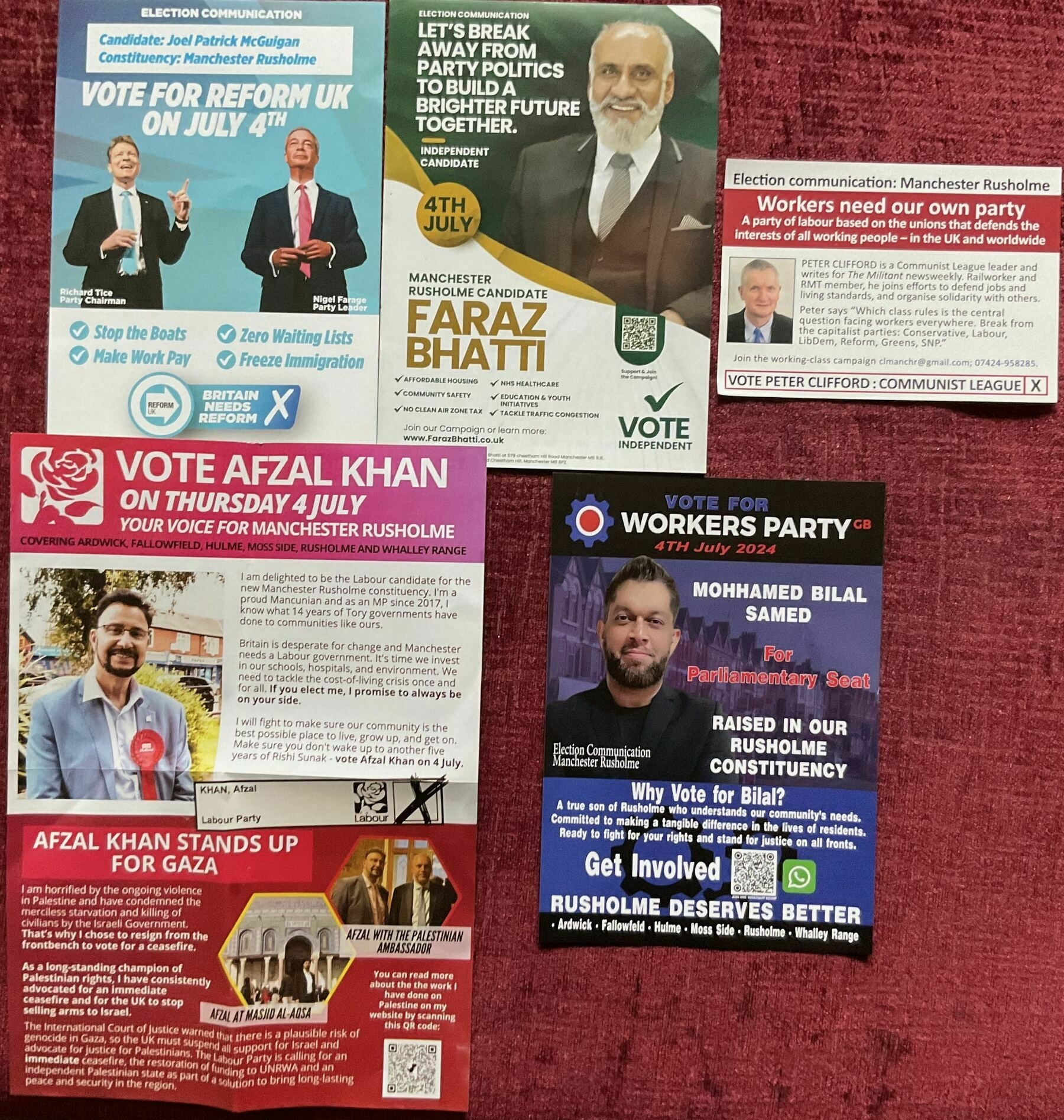 An array of election leaflets from the Rusholme constituency for the UK General Election 4th July 2024.