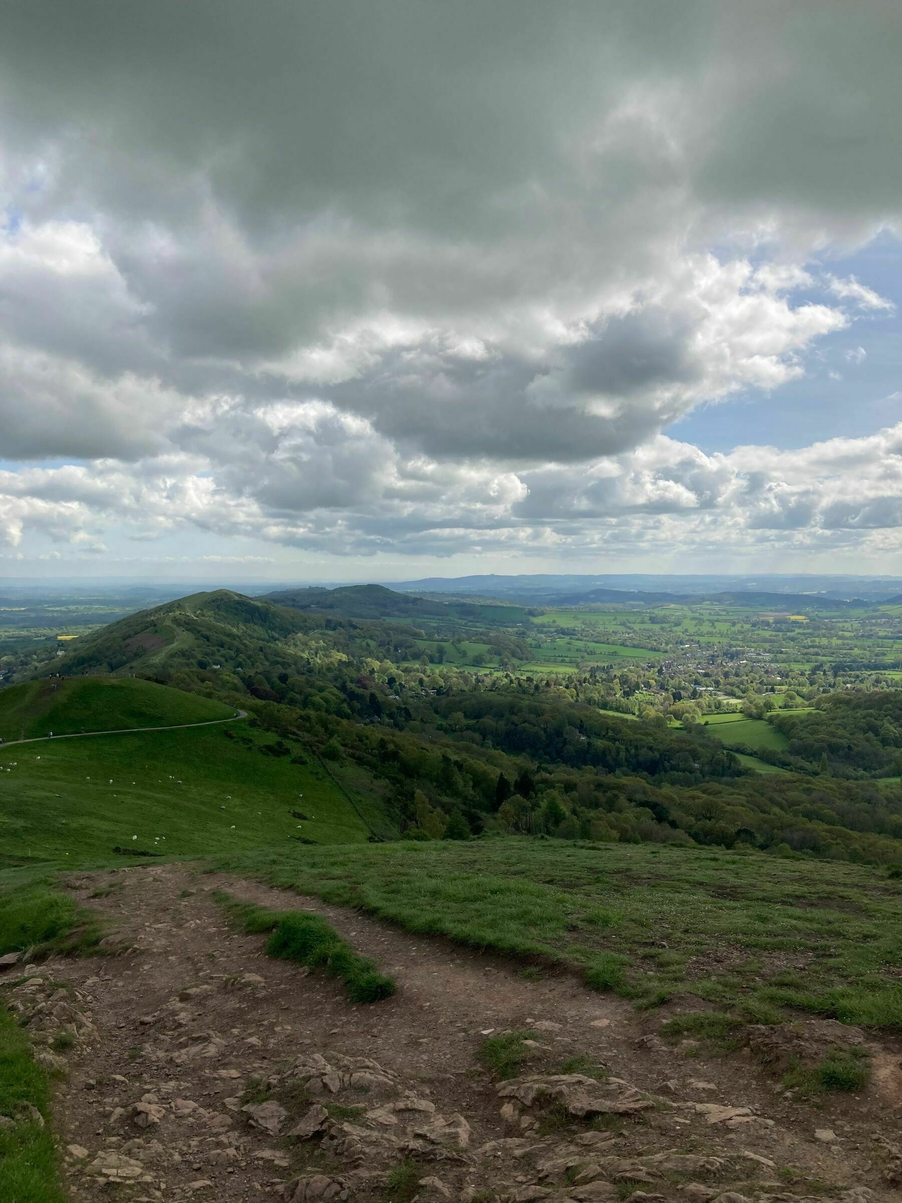 A view from the Malvern Hills looking along the ridge of the hills.