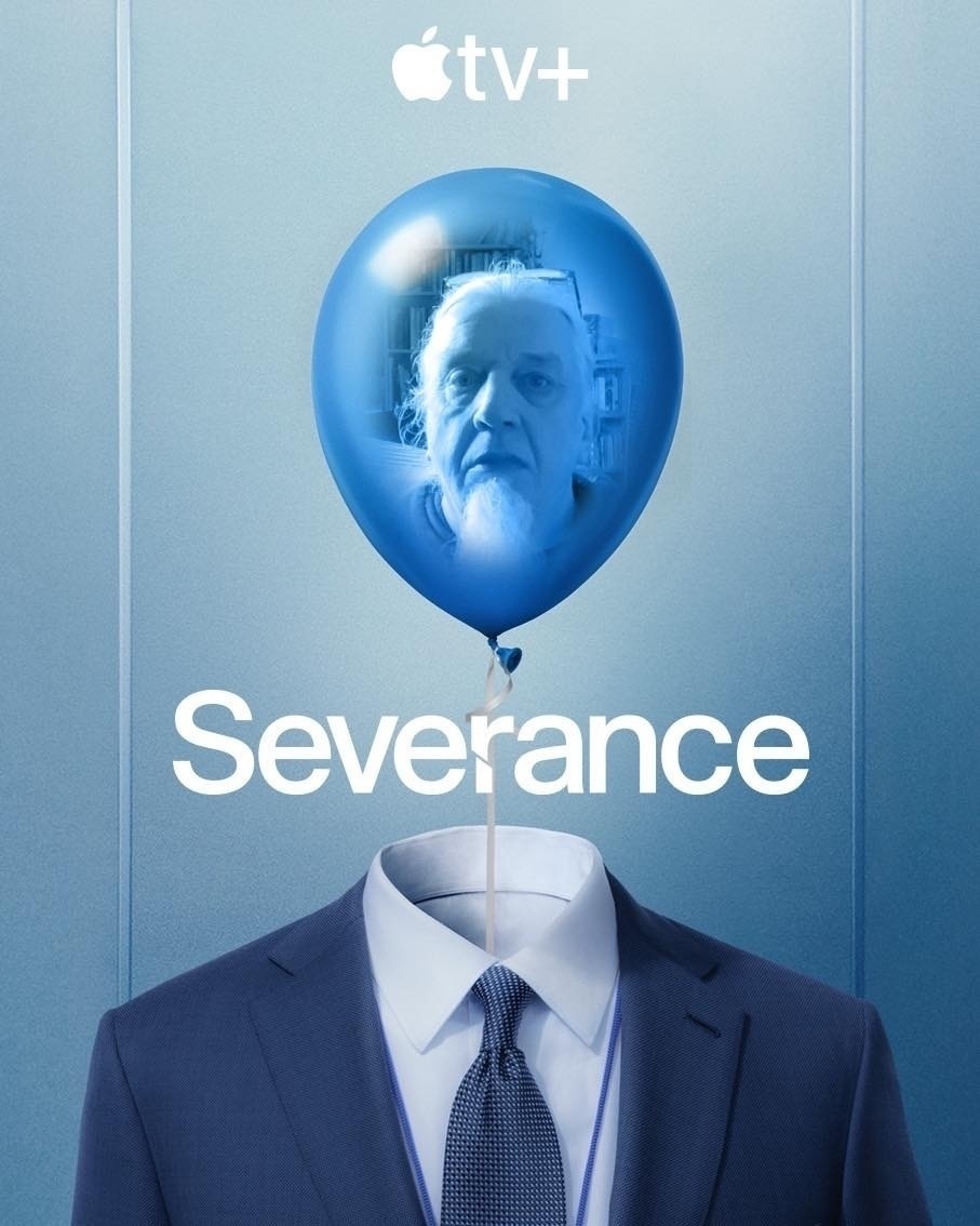 The face of an old man superimposed onto a blue balloon that floats above a besuited torso.