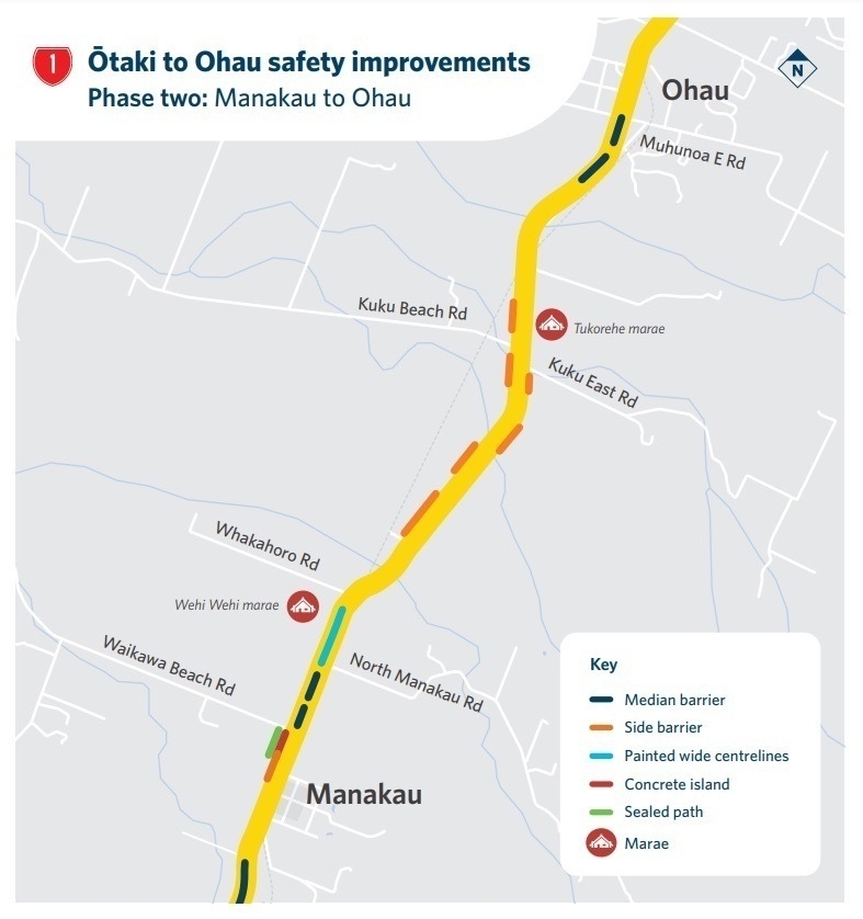 The map shows the planned works for safety improvements from Manakau to Ohau. 