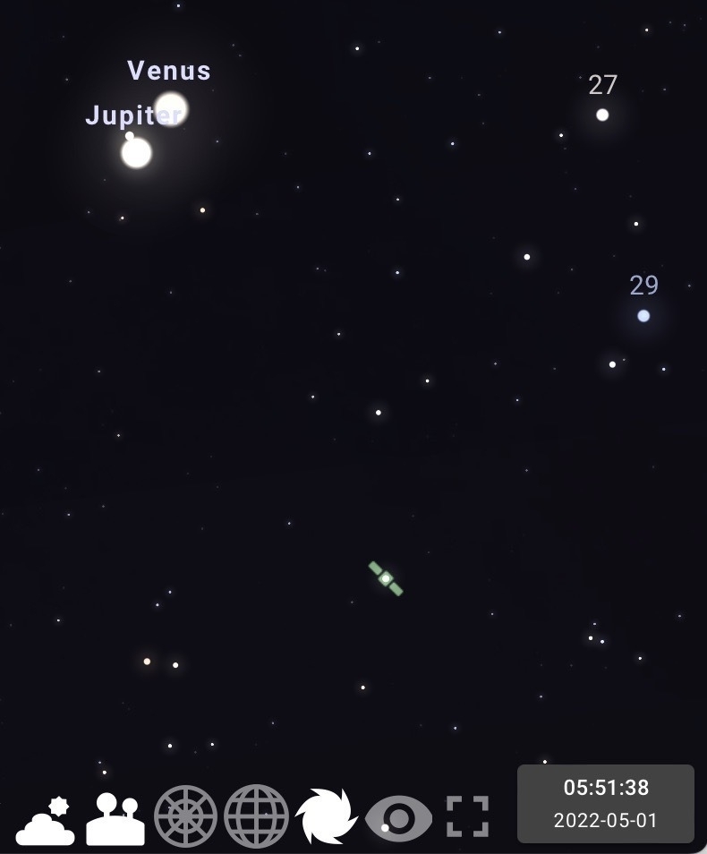 Screenshot from Stellarium showing Jupiter and Venus next to one another. 