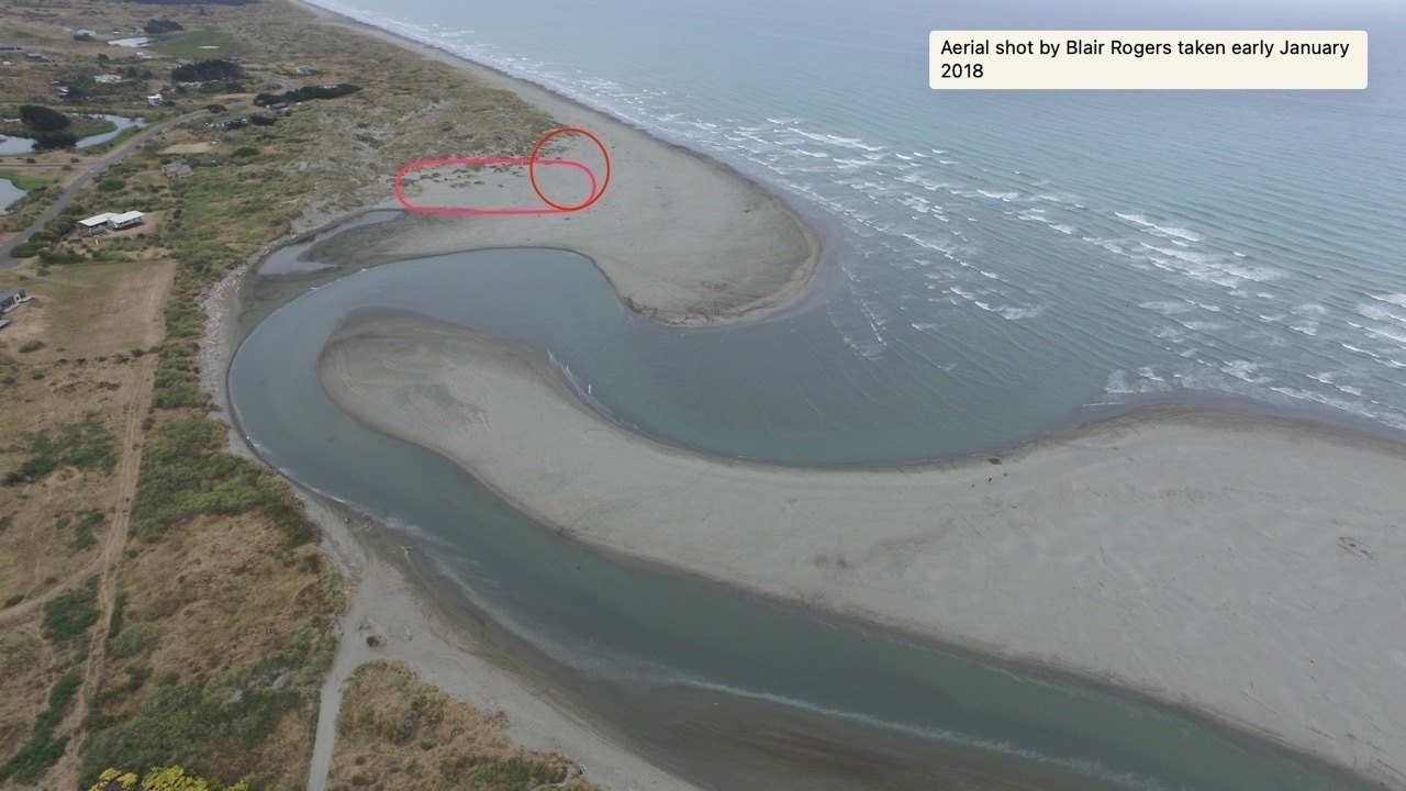 Marked areas are roughly where, 5 years on from the photo date, new dunes are growing and birds nest in season. 