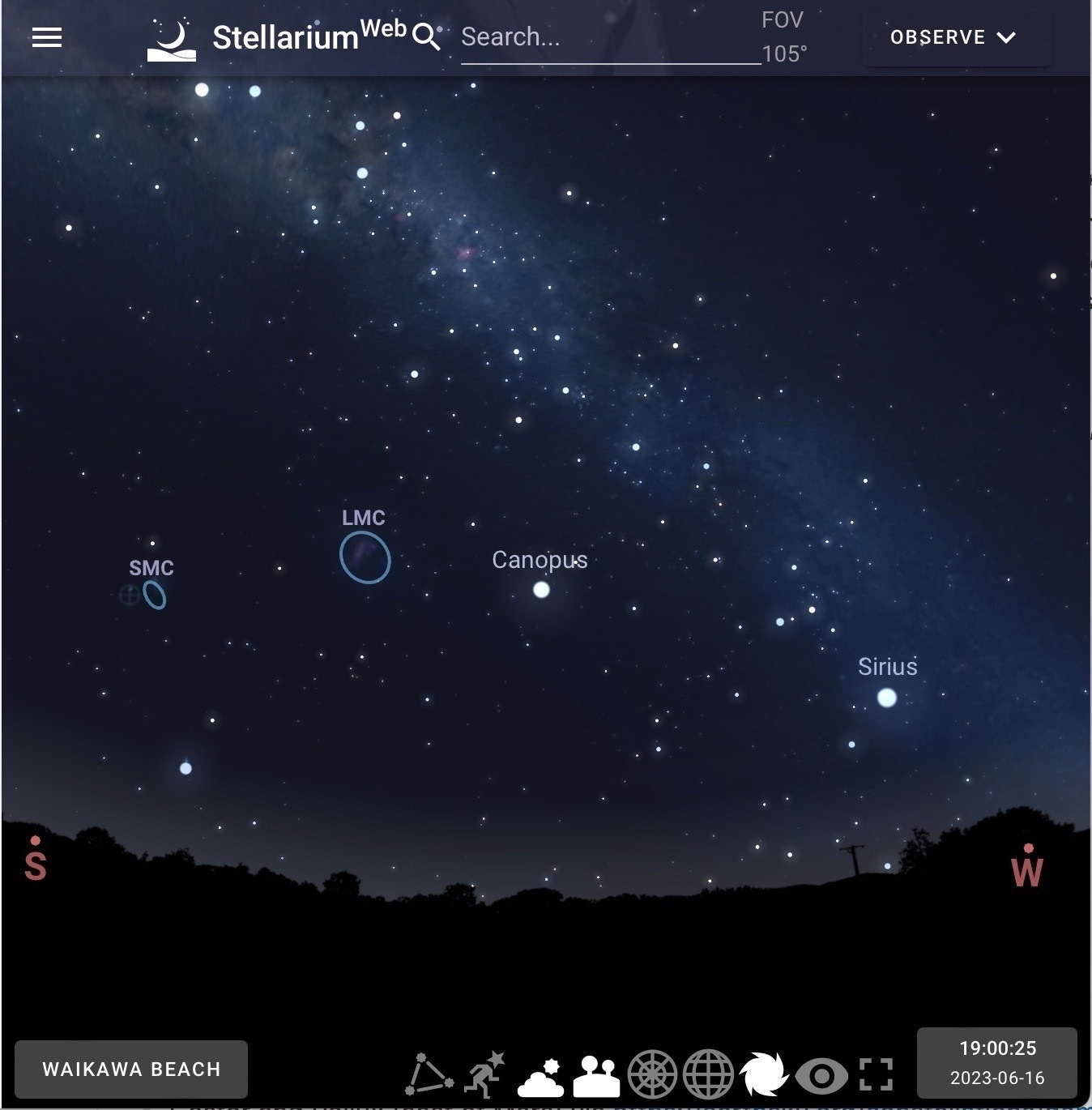 Sky map showing Clouds of Magellan, Canopus and Sirius. 