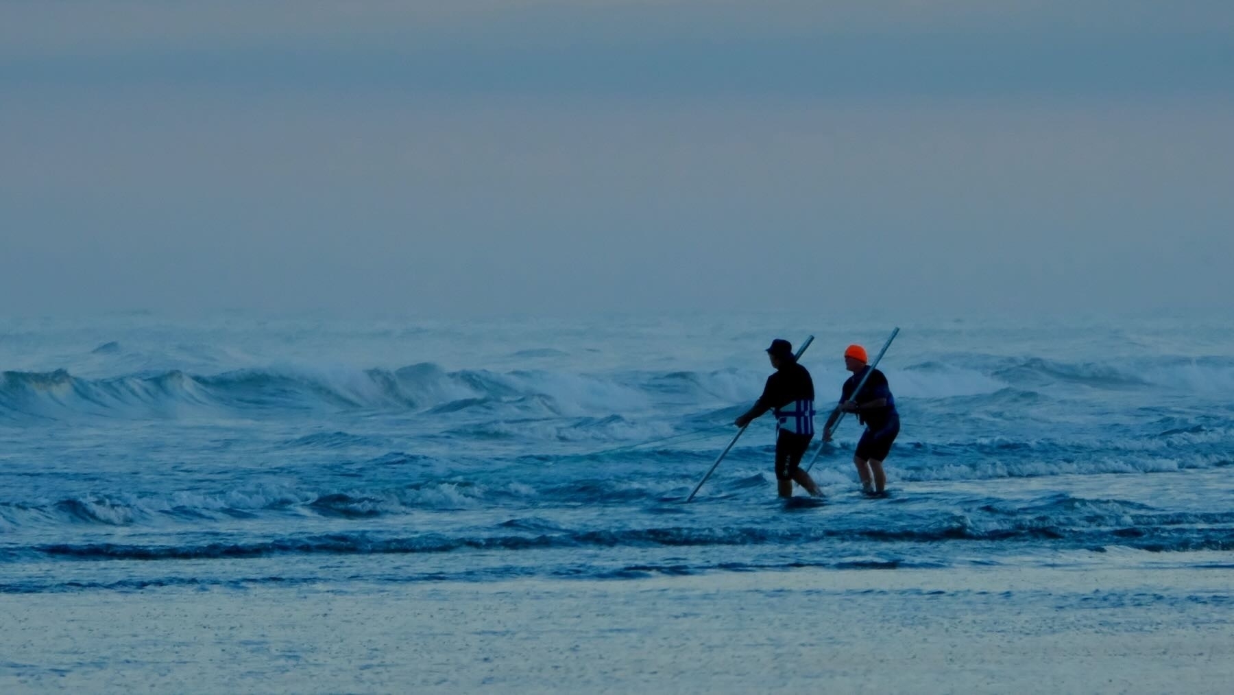 Two people in the surf, with a fishing net between them. 