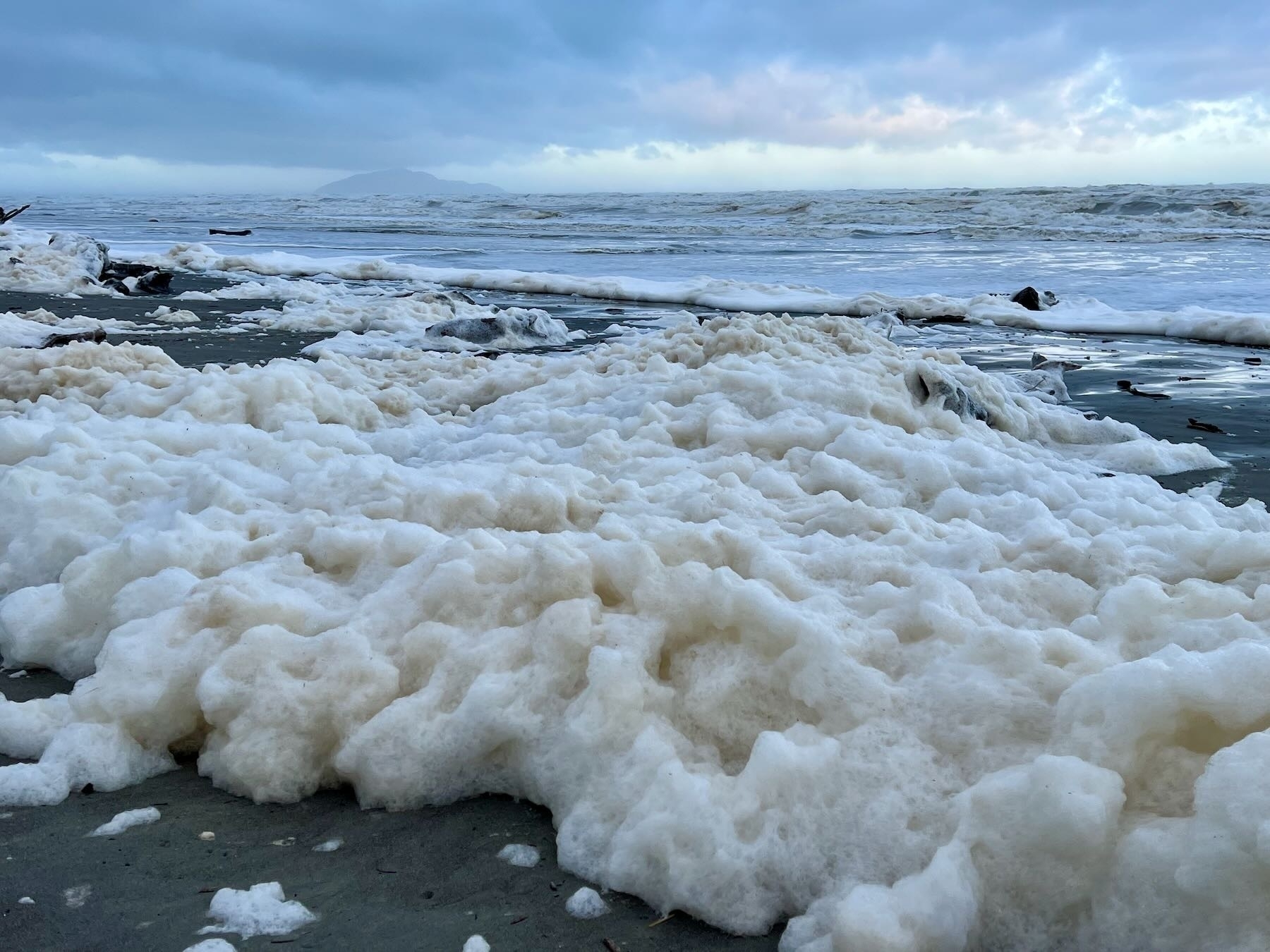 A frenzy of sea foam, with Kāpiti Island in the background.  Photo by Miraz Jordan. 