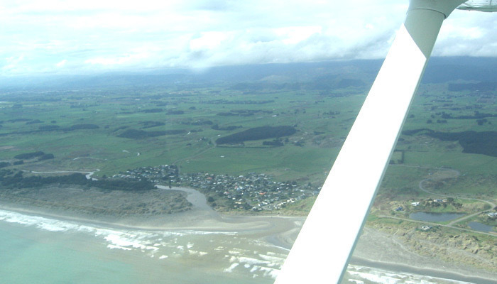 Waikawa River mouth and estuary from a small plane. 