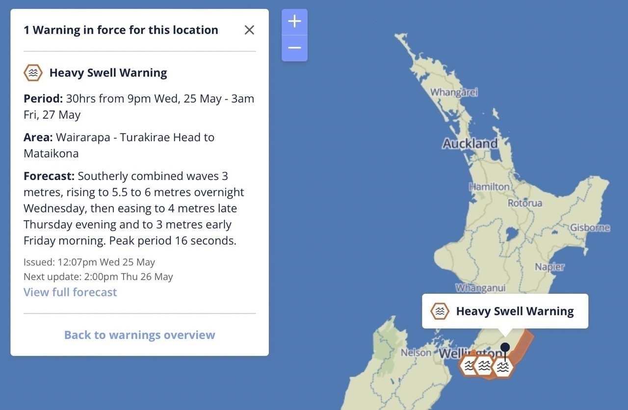 Screenshot of swell map showing Wellington and Wairarapa Coasts under warning. 