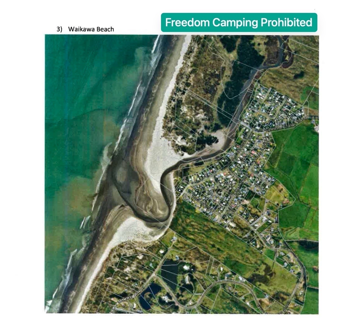 Freedom Camping prohibited at Waikawa Beach.