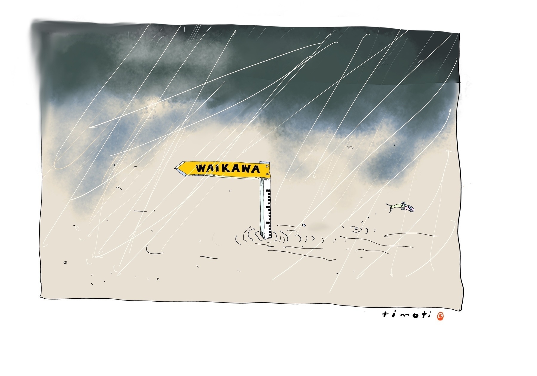 Cartoon showing a signpost to Waikawa sticking out of a sea of water. 
