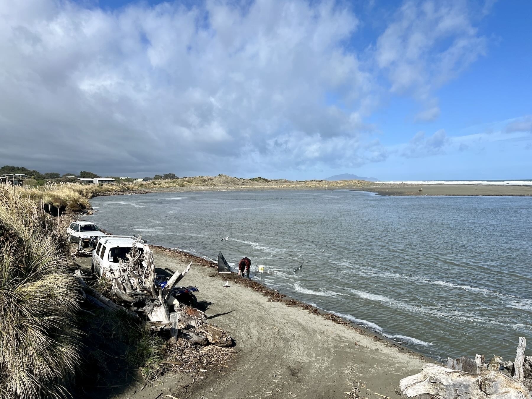 Several vehicles parked on a narrow strip of sand by the river mouth; one person standing in the water catching whitebait. 