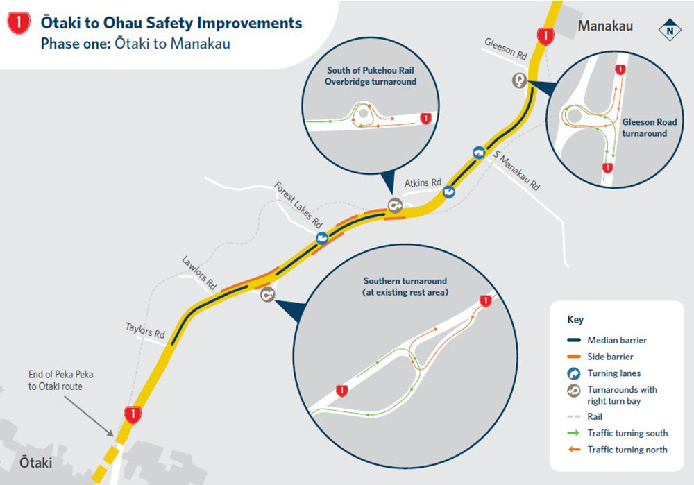 Otaki to Manakau safety improvements map. 