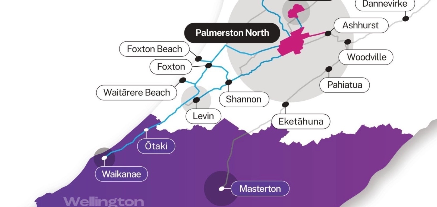 Partial map of Horizons region showing limited connections that bypass Waikawa Beach. 