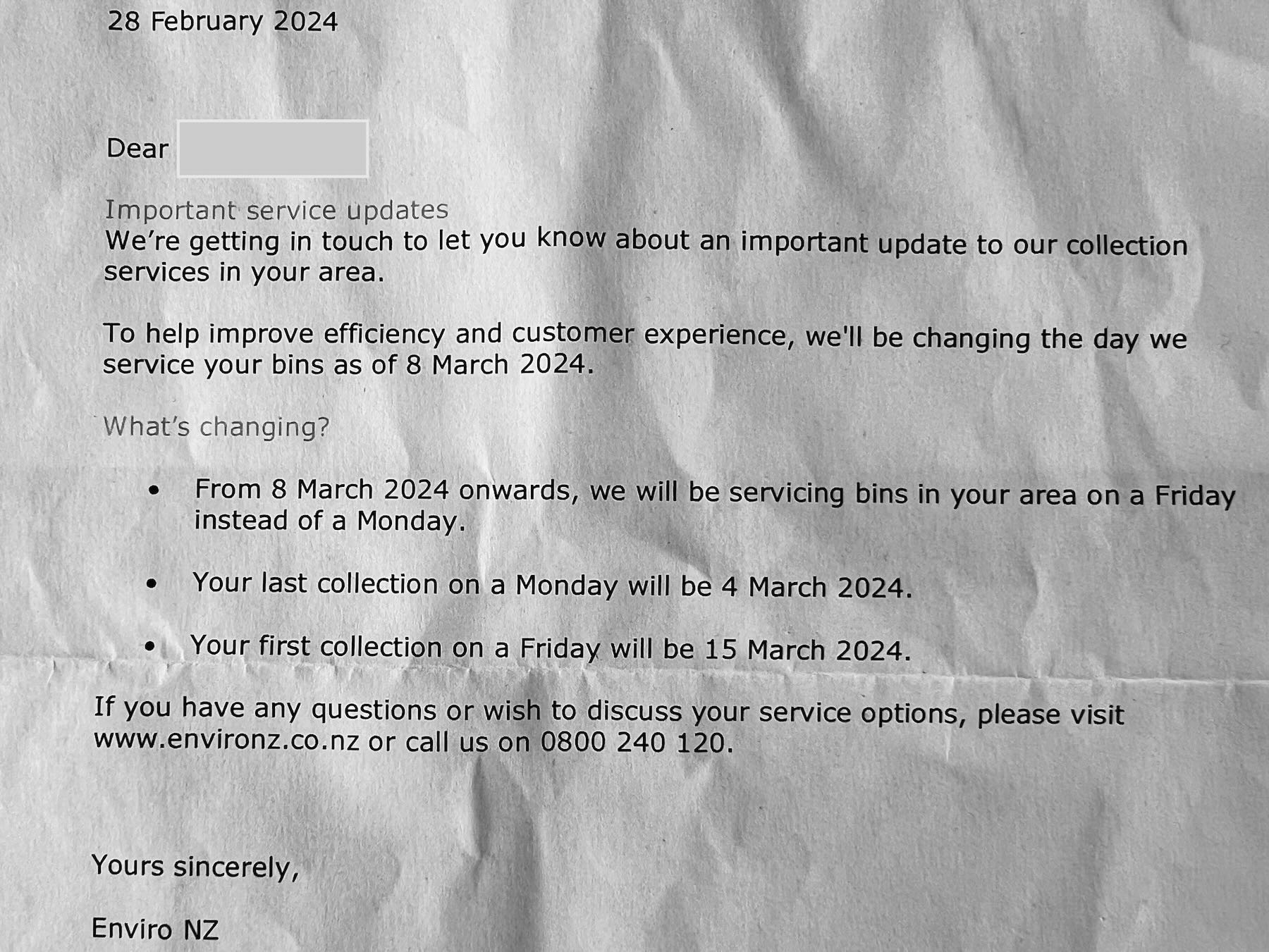 Rubbish collection change letter.