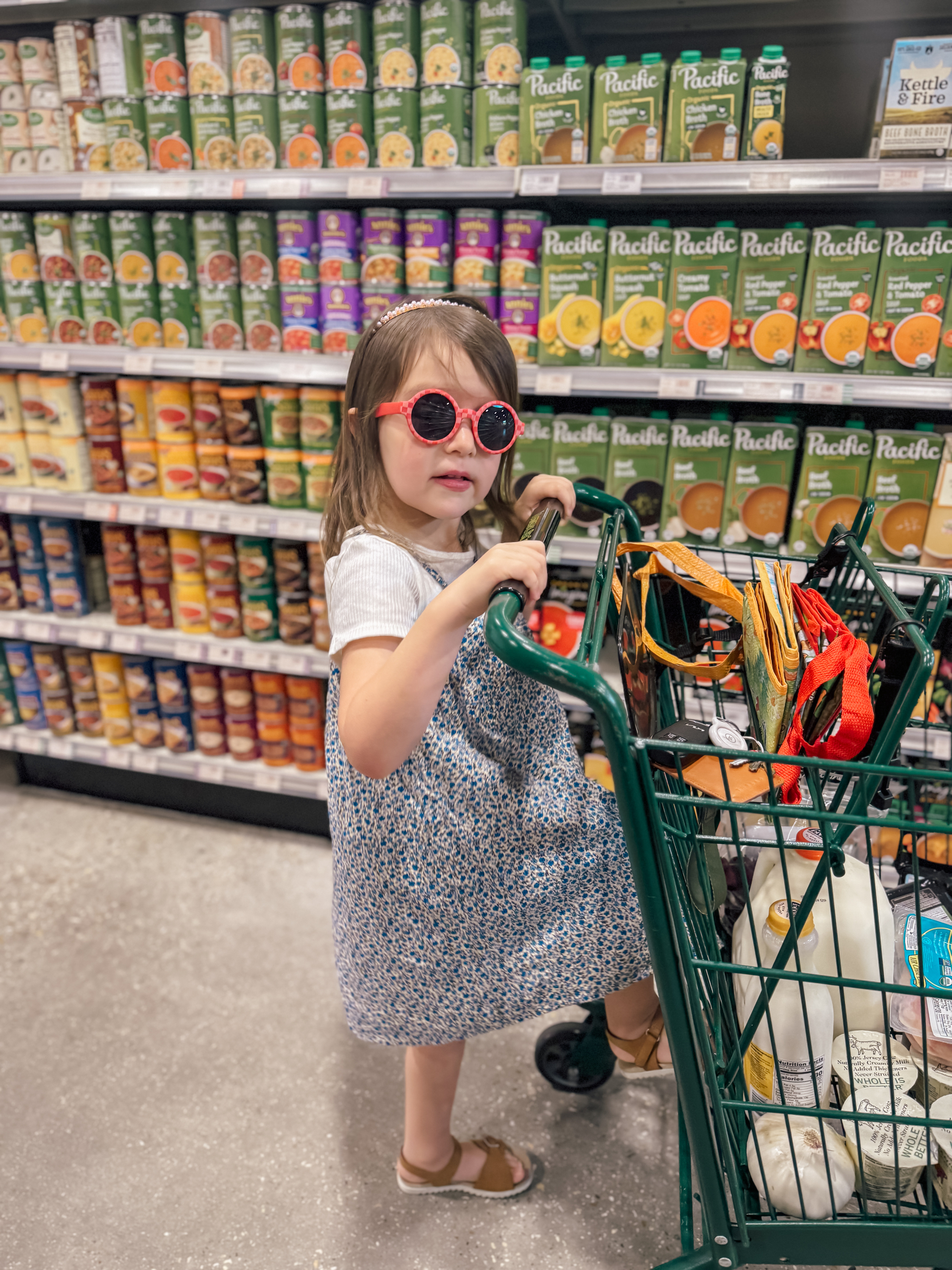 A 5-year-old girl pushing a buggy at the grocery store