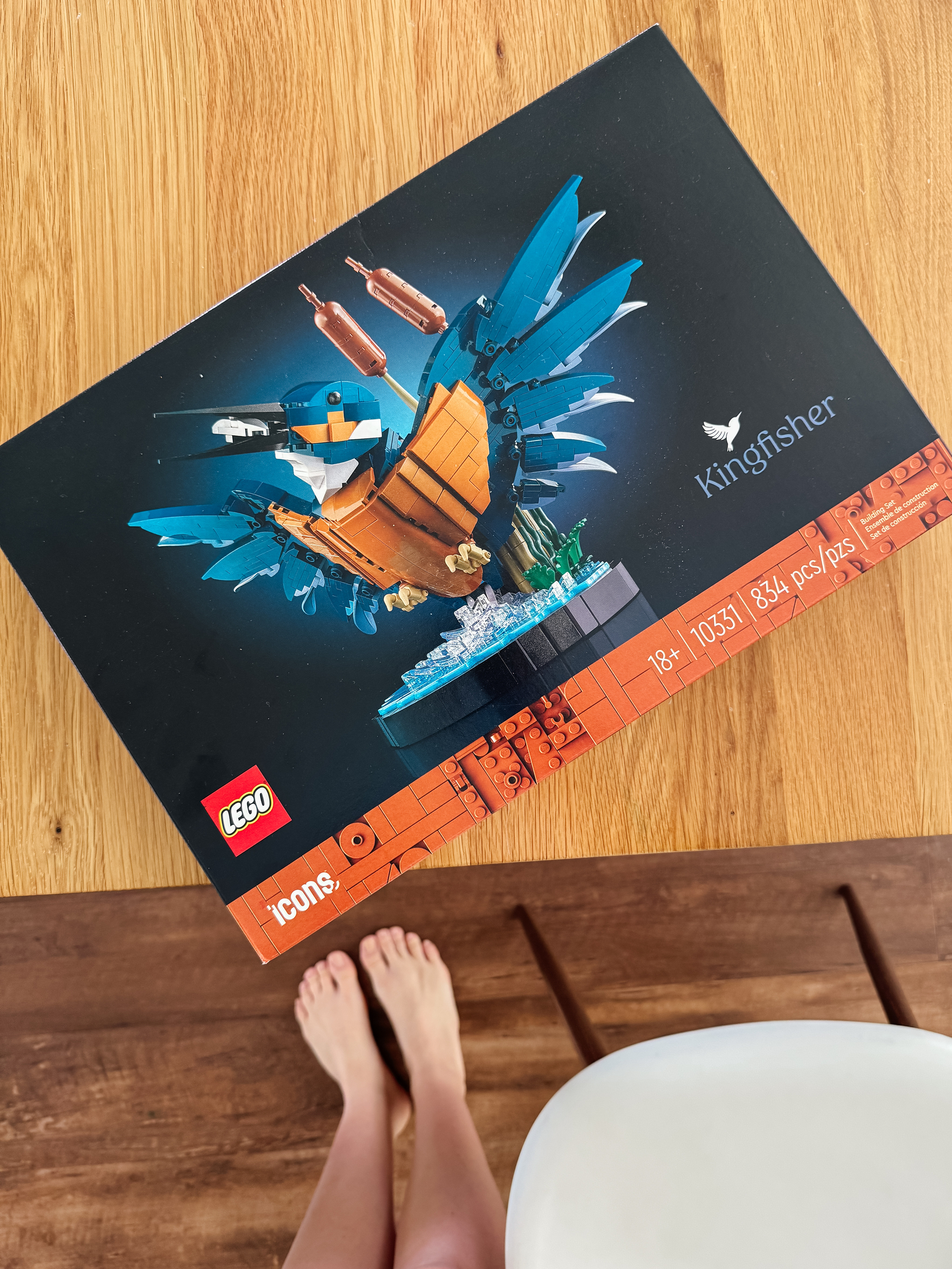 Kingfisher LEGO box sitting on a table ready to be put together
