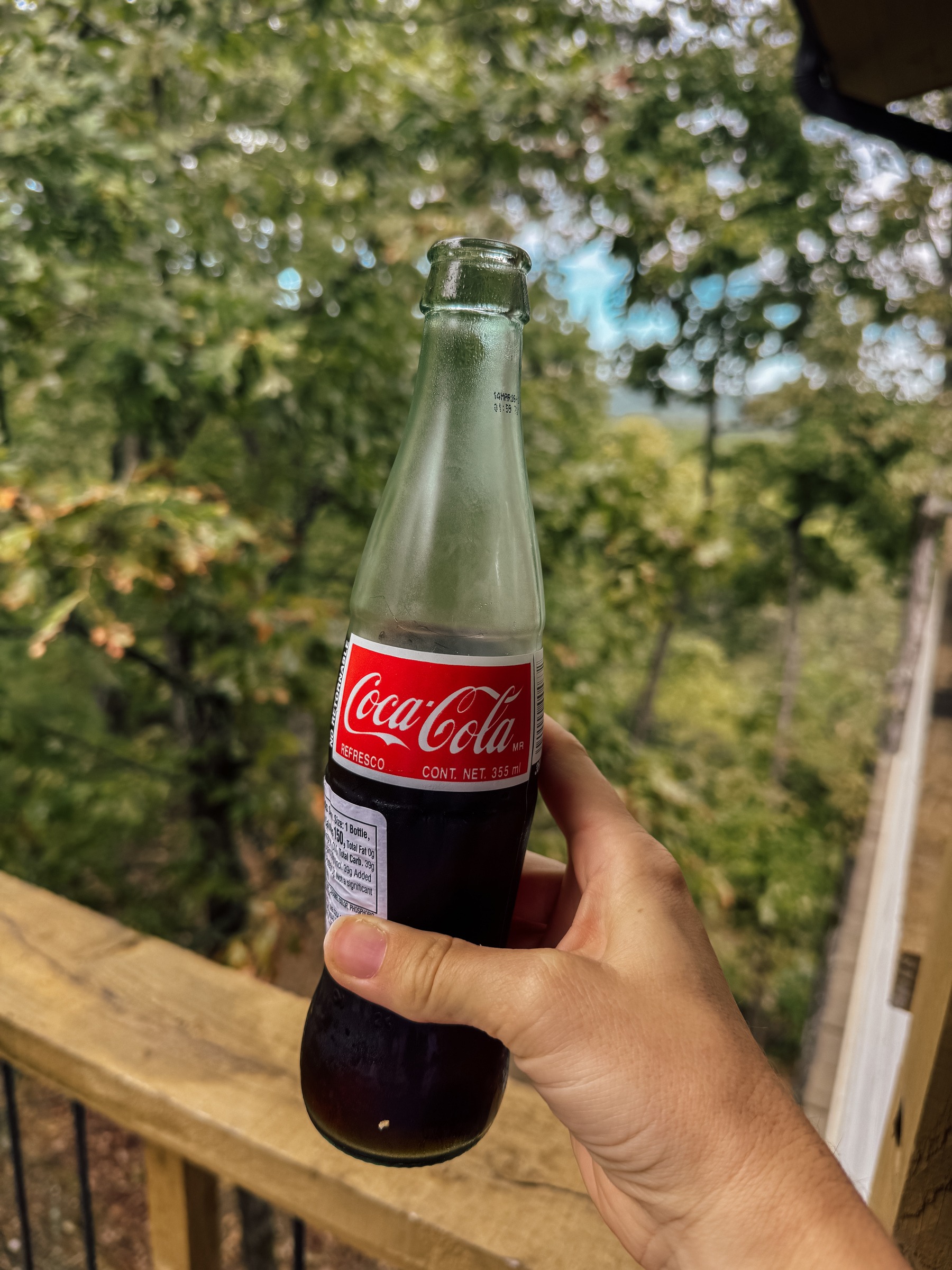A hand holding a glass bottle of Coca-Cola against a backdrop of green trees.