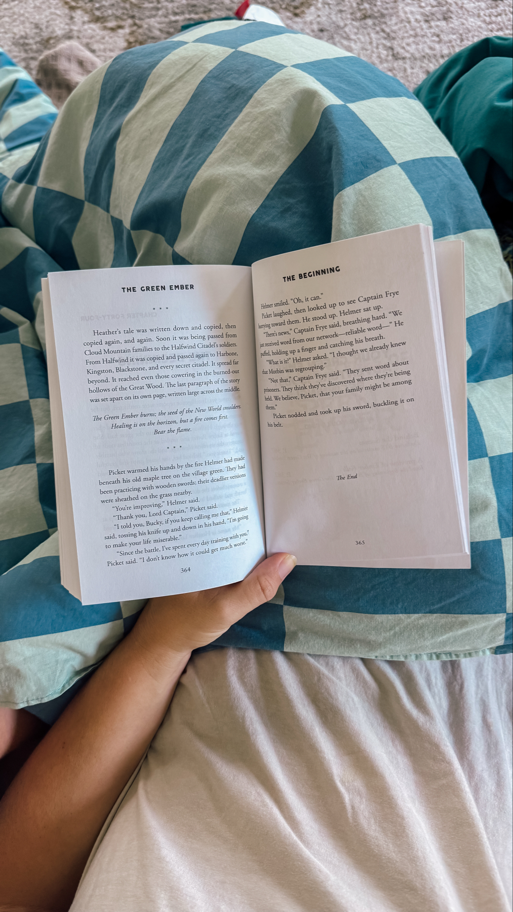Auto-generated description: A person is holding an open book while sitting on a sofa covered with a blue and white checkered blanket.