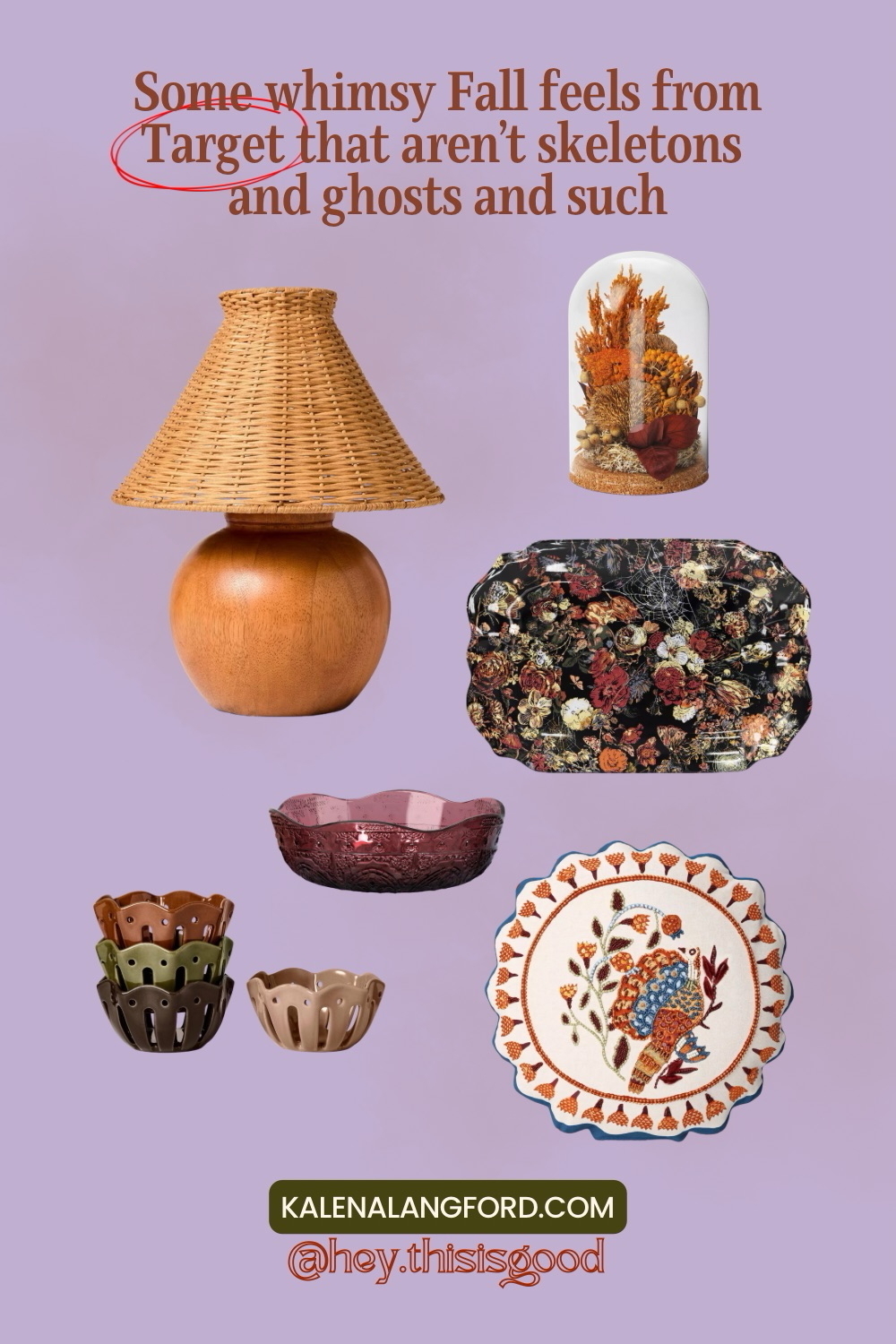 Auto-generated description: A collection of decorative home items for fall, including a wicker lamp, floral plates, autumn-themed decor, and colorful bowls, is displayed on a light purple background with whimsical text.