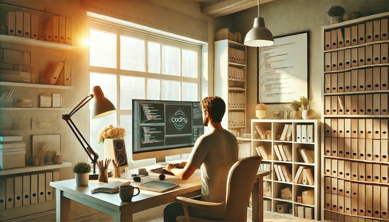 A highly realistic view of a coder codng with AI bathed in golden sunlight