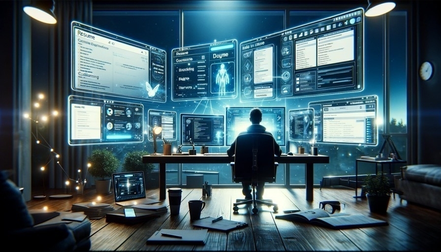 A futuristic home office, with multiple screens, each serving a different role in a job search