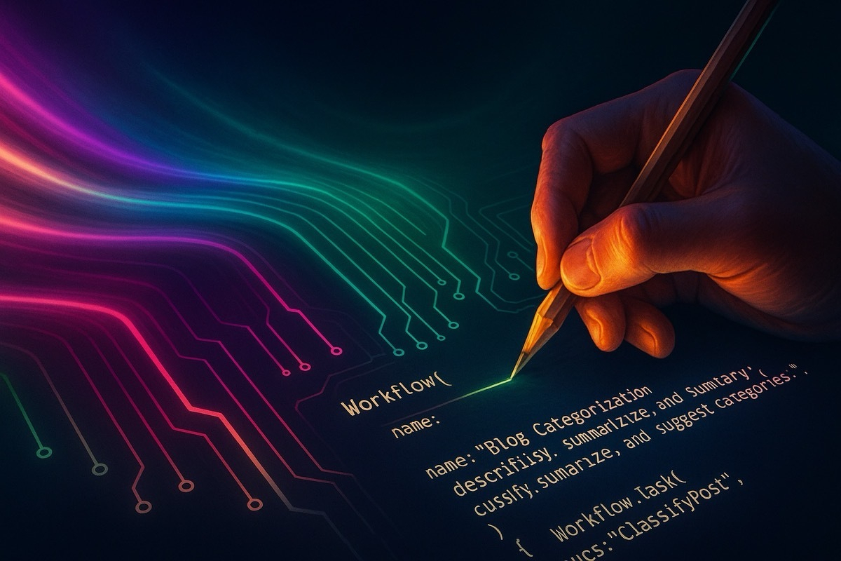 Aurora glow lines turn into glowing circuits as a hand writes Swift code