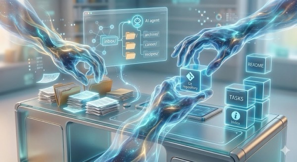 Ethereal digital hands organize files into folders